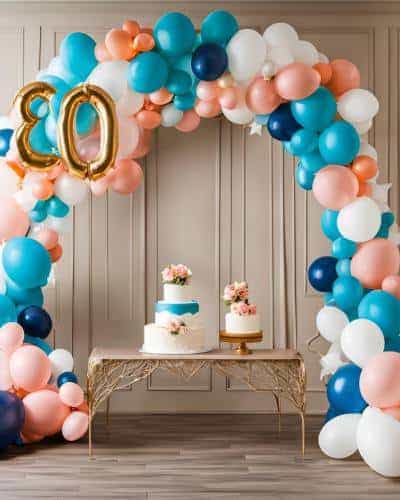 80th Birthday Balloon Arch: Try It Now! 80th birthday balloon arch in a variety of festive colors.