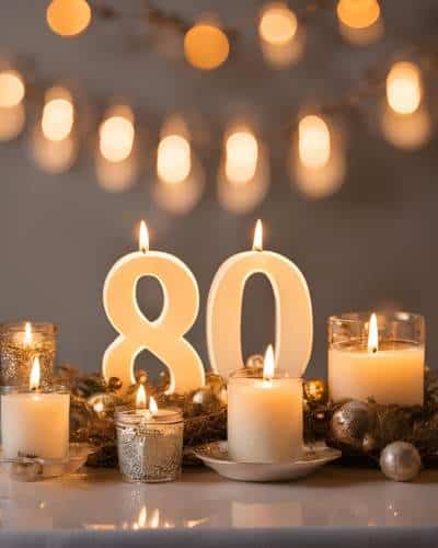 80th Birthday Candle Decoration: Festive And Bright 80th birthday candle decoration with lit candles.
