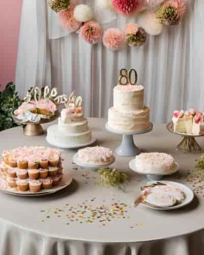 80th Birthday Celebration Ideas: Add Delicate Confetti Accents To The Dessert Table 80th birthday dessert table with delicate confetti accents.