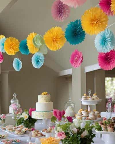 Festive Birthday Garland: Give Guests A Good Reason To Look Up Festive birthday garland hung over a large array of sweet treats.