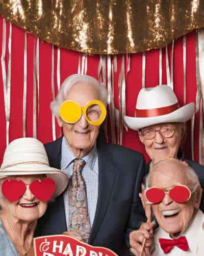 Joyful Moments in the Photo Booth People celebrating at an 80th birthday party in a photo booth with fun photo props.