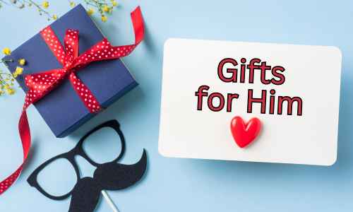 Discover gift ideas just for him. Gifts for Him sign with a blue wrapped present.