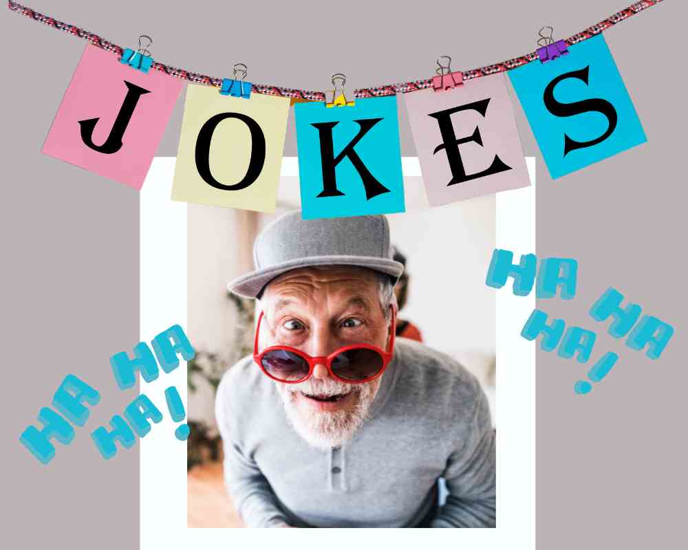 80th Birthday Jokes: Celebrate 8 decades with laughter and good cheer. Man laughing under a Jokes banner.