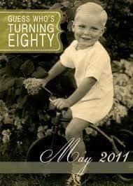 Let everyone know who's turning eighty. 80th birthday party invitation featuring an old photo of a little boy on a tricycle.
