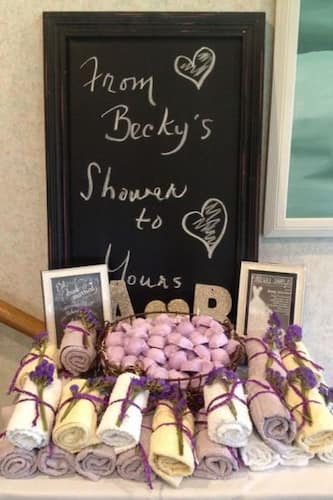 Soap Bridal Shower Favors to Pamper Guests. "From Becky's Shower to Yours" Chalkboard Sign with Bridal Shower Soap Favors.