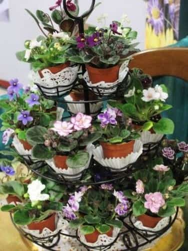 Give Guests a Lasting Reminder of the Bridal Shower: Violets. Violet Bridal Shower Favors Displayed in a Metal Stand.