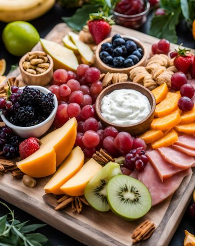 Charcuterie Board Fruit: Focus On The Natural Beauty Of Fruit A charcuterie board with a variety of fresh fruits, including berries, grapes, and kiwi.