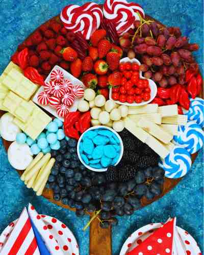 Impress Your Guests With Patriotic Fourth of July Charcuterie Boards Patriotic Fourth of July charcuterie board with red, white, and blue snacks.