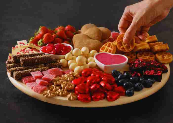 Brunch Charcuterie Board: Celebrate Valentine's Day Early! Brunch charcuterie board for Valentine's Day with an assortment foods.
