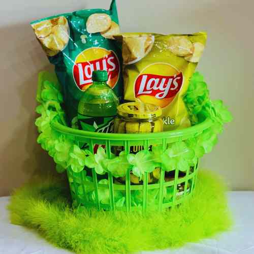 Green Color Party Basket Ideas: Choose Green Snacks In A Variety of Hues Green basket for color party filled with a colorful variety of green snacks.