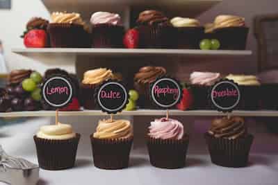Beautiful frosted cupcakes with labels to identify the flavor.