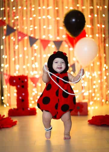 Fun Ladybug Themed 1st Birthday Photoshoot Photoshoot of Baby Dressed for First Birthday Ladybug Theme