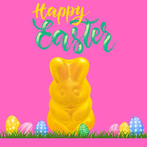 Fill Your Easter Basket With Treats Gummy Easter bunny surrounded by eggs.