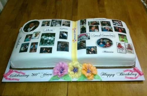 Picture Book 80th Birthday Cake Idea.  See more cake and party ideas at one-stop-party-ideas.com.
